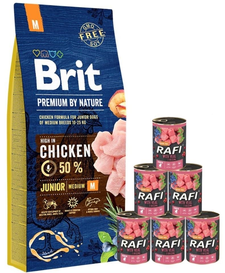BRIT Premium By Nature Junior Medium M 15 kg + mokré teľacie krmivo 6x400 g