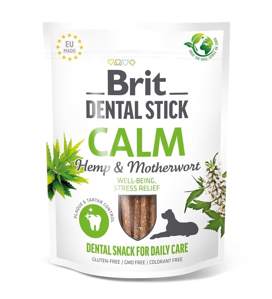 BRIT Dental Stick Calm Hemp &amp; Motherworth 251g zubná maškrta pre psov, ktorá podporuje znižovanie stresu