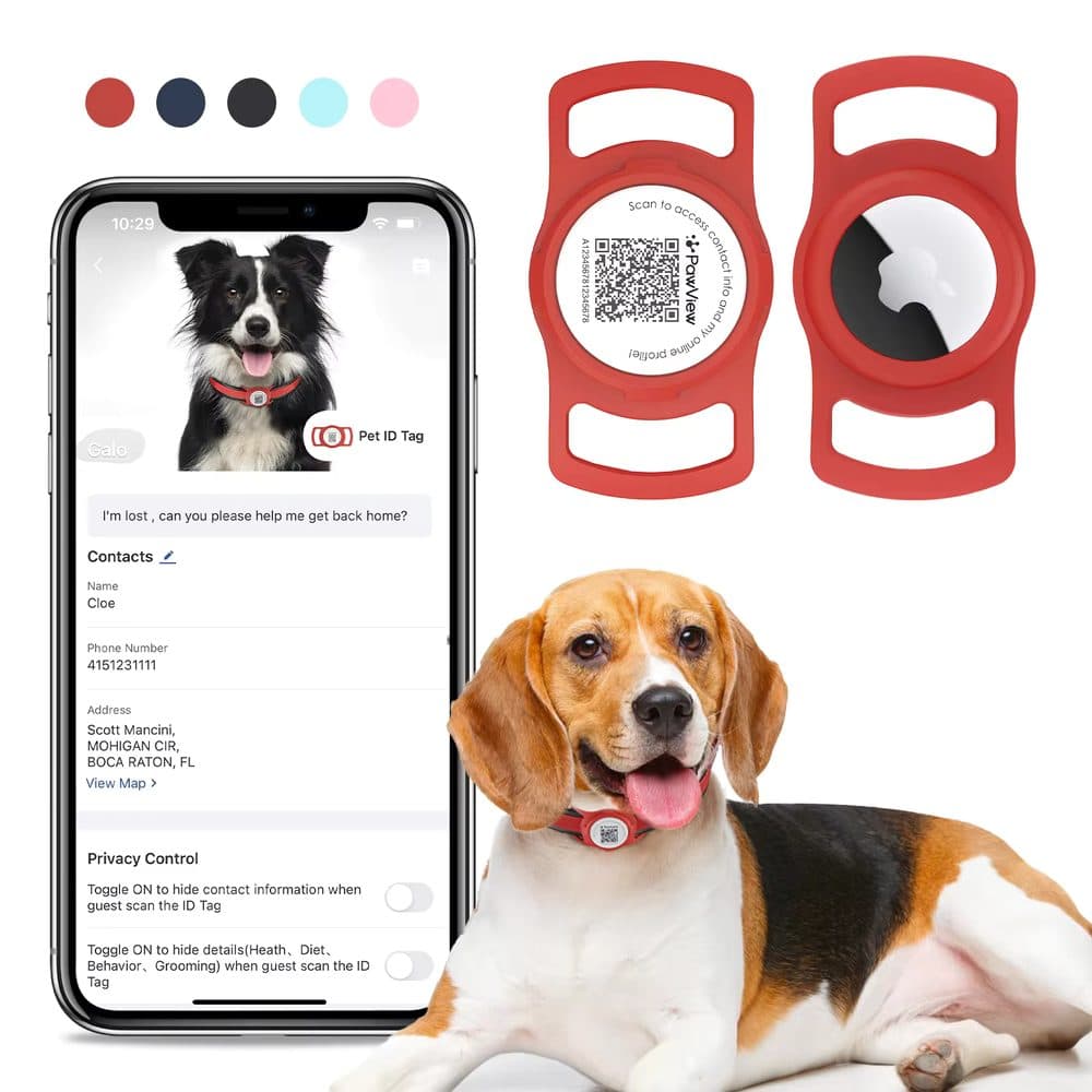 PawView inteligentná známka pre psy s držiakom Airtag - červená