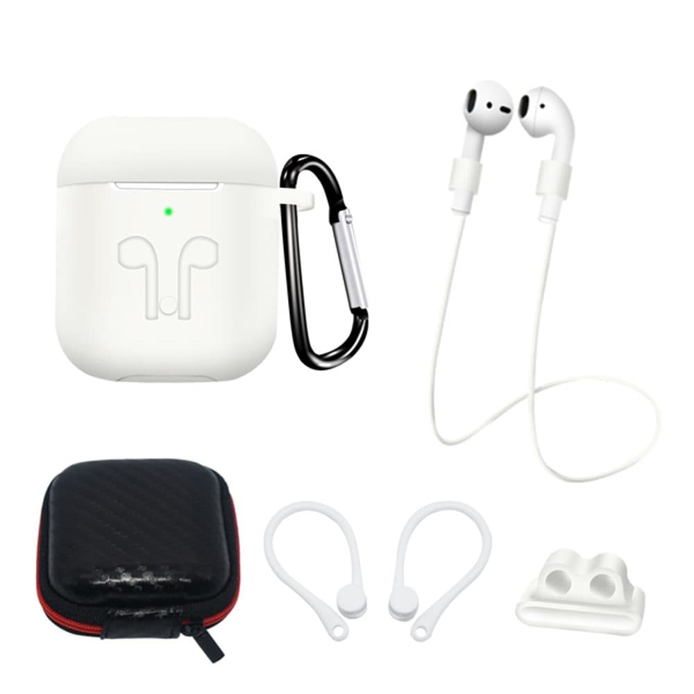 Silicone Case sada pre AirPods 1/2 s puzdrom, háčikom na ucho, remienkom na krk, držiakom remienka hodiniek a karabínou, biela