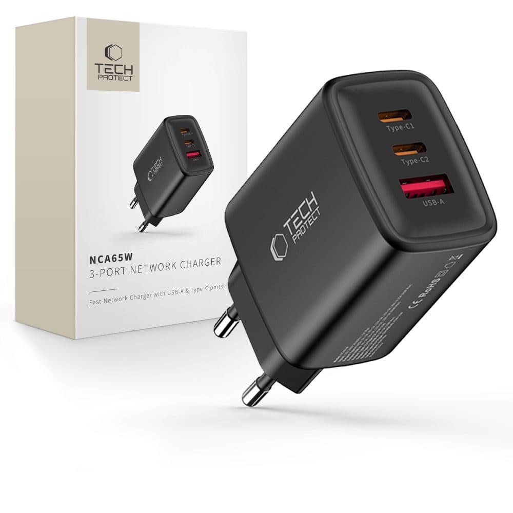 Tech-Protect NCA65W-GAN 3-portová nabíjačka PD 65W / QC3.0, čierna