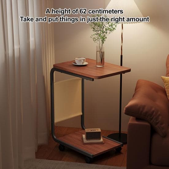 2-Tier C-shaped Side Table Rolling Small Coffee Table with Wooden Tabletop Metal Frame Living Room Bedroom Corner Nightstand Desk with Wheels biela