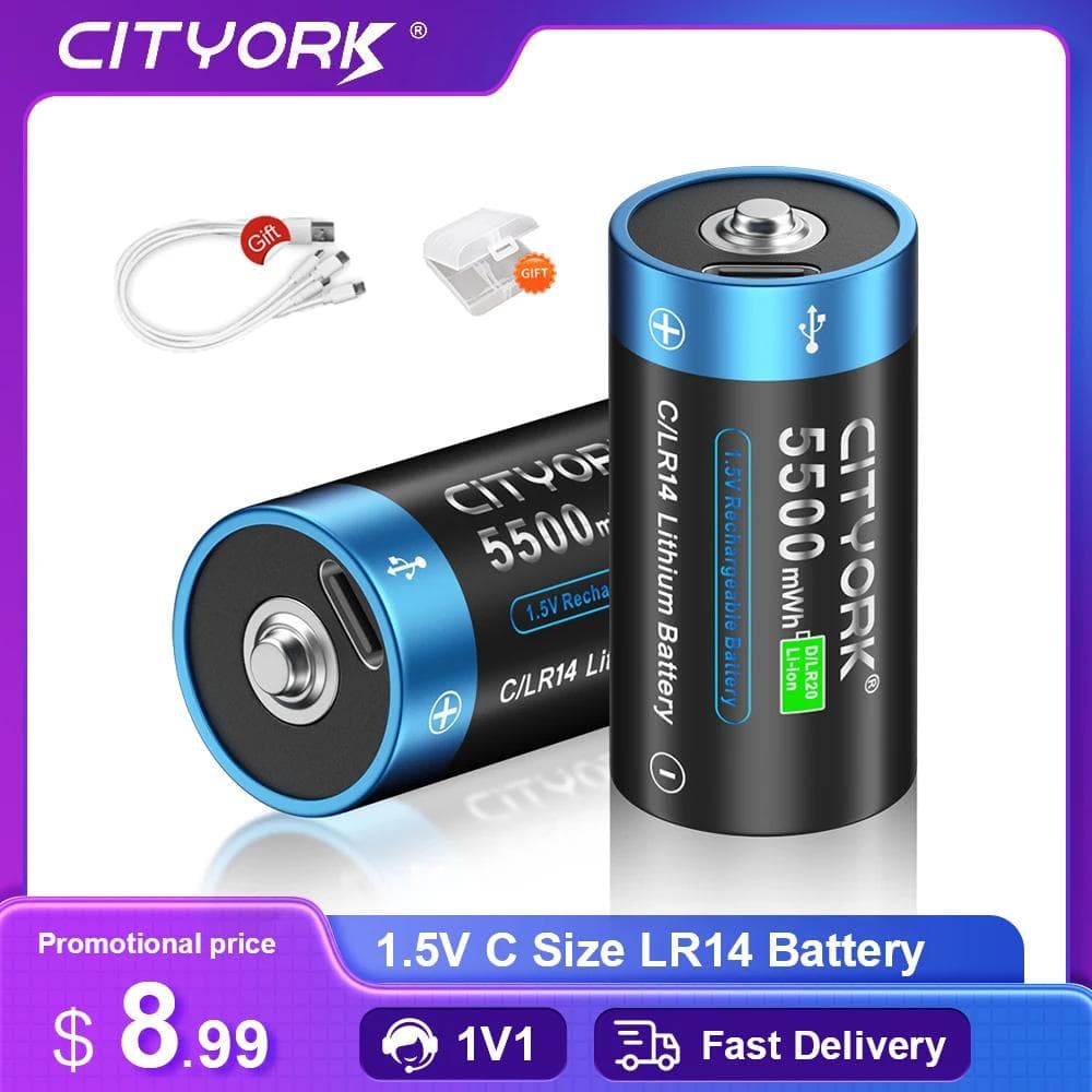 Cityork Nabíjateľná batéria veľkosti 1,5 VC typu C USB nabíjanie R14 LR14 Li-ion C batérie batérie pre baterkový plynový varič