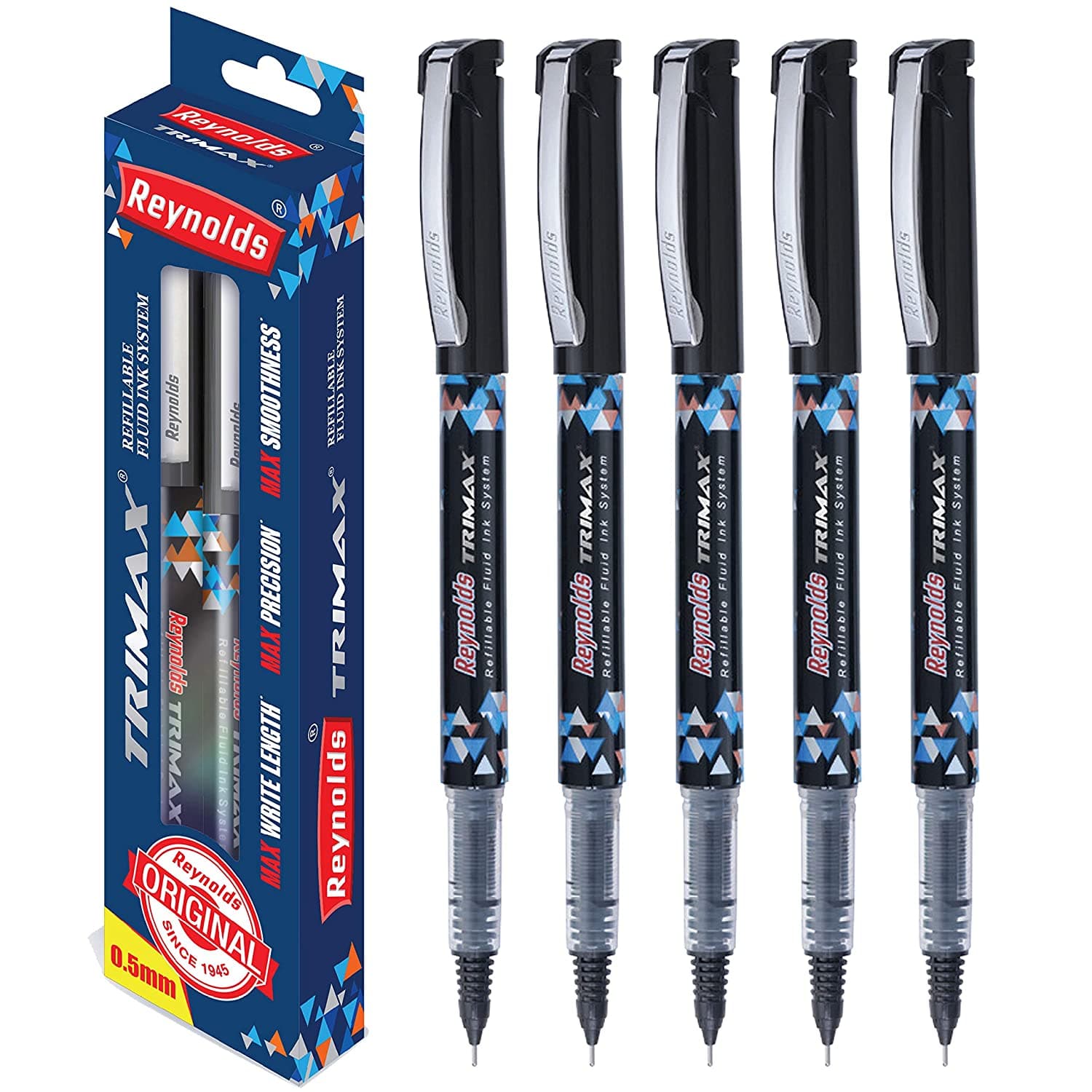 Tekuté gélové perá Reynolds Trimax 0,5 mm Needle Point – balenie 5 kusov čierneho atramentu