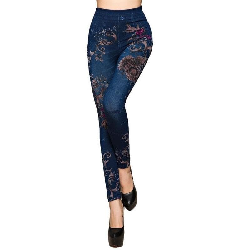Štíhle ženy Faux Denim Jeans Legíny Káva Kvetinová potlač Ležérne Ženy Oblečenie Ceruzka Nohavice cm modrá