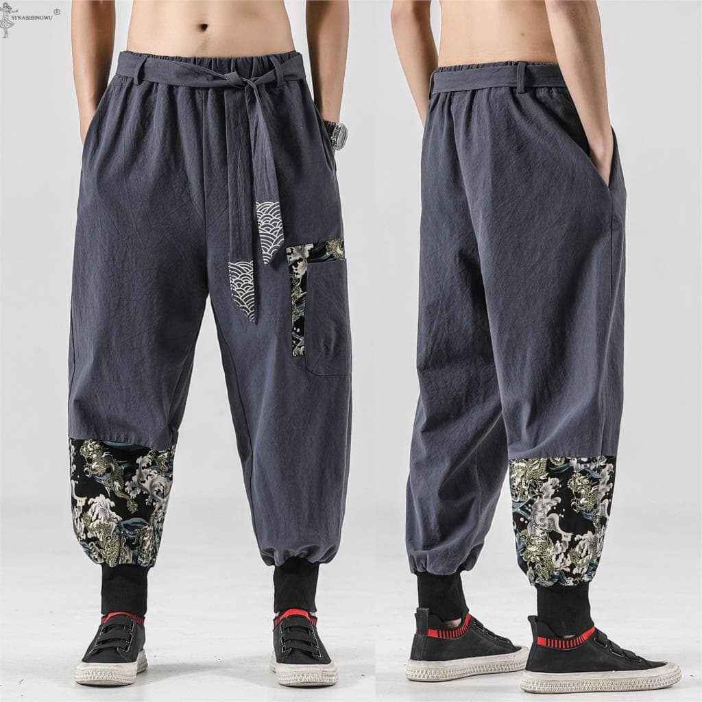 Muži Bavlna Ľan Samuraj Kostým Ukiyo-e Potlač Opasok Retro Harem Nohavice Haori Baggy Nohavice Harajuku Hip Hop cm námornícka modrá farba