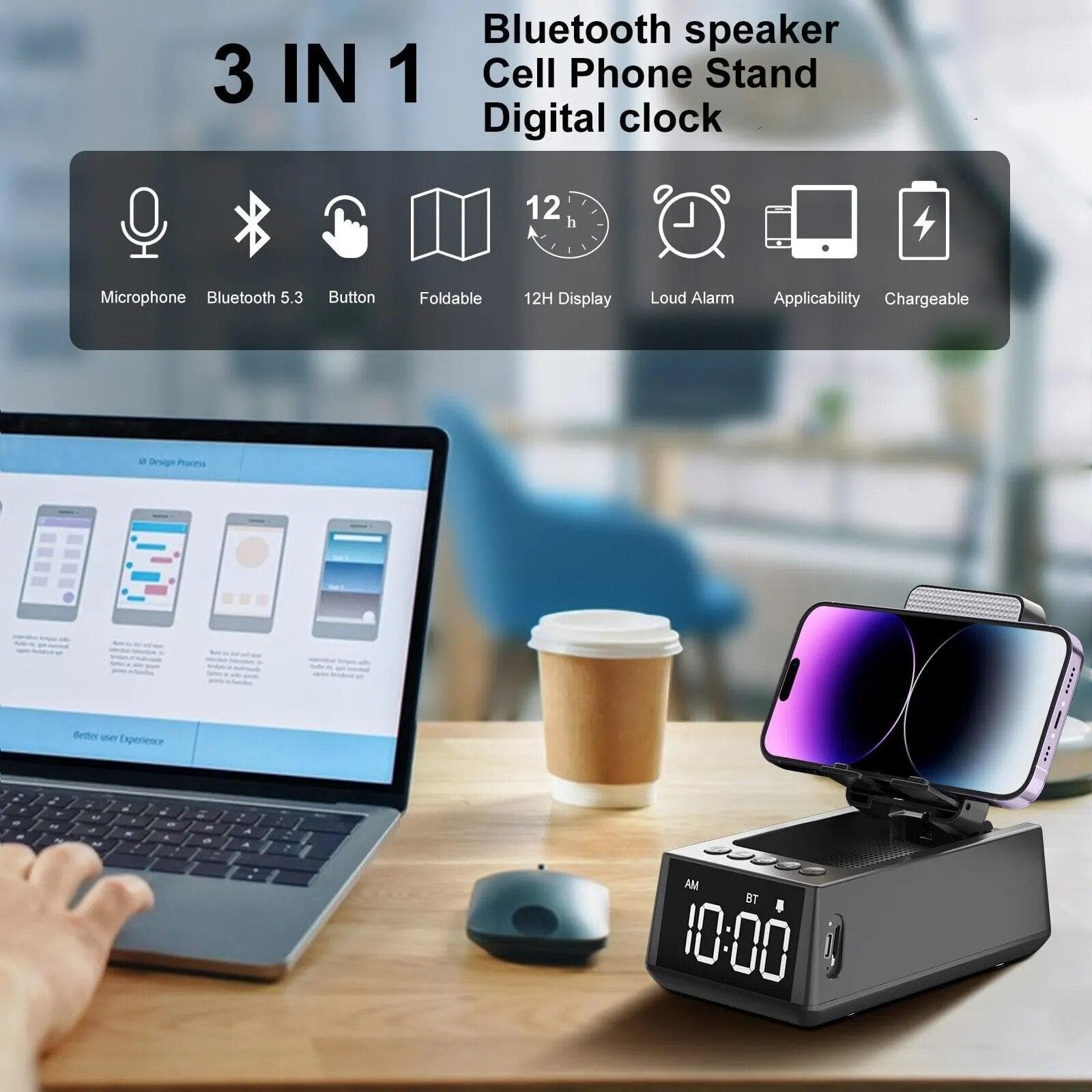 Bezdrôtový reproduktor 3 v 1 Bluetooth reproduktor s hlasným budíkom Stojan na mobilný telefón 12H Displej Reproduktor Skladací stojan čierna