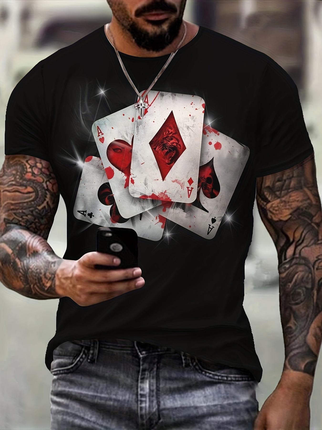 Pánske grafické tričko s 3D digitálnou potlačou so vzorom pokerových prvkov, ležérne pohodlné tričká, pulóvrové topy s krátkym rukávom,