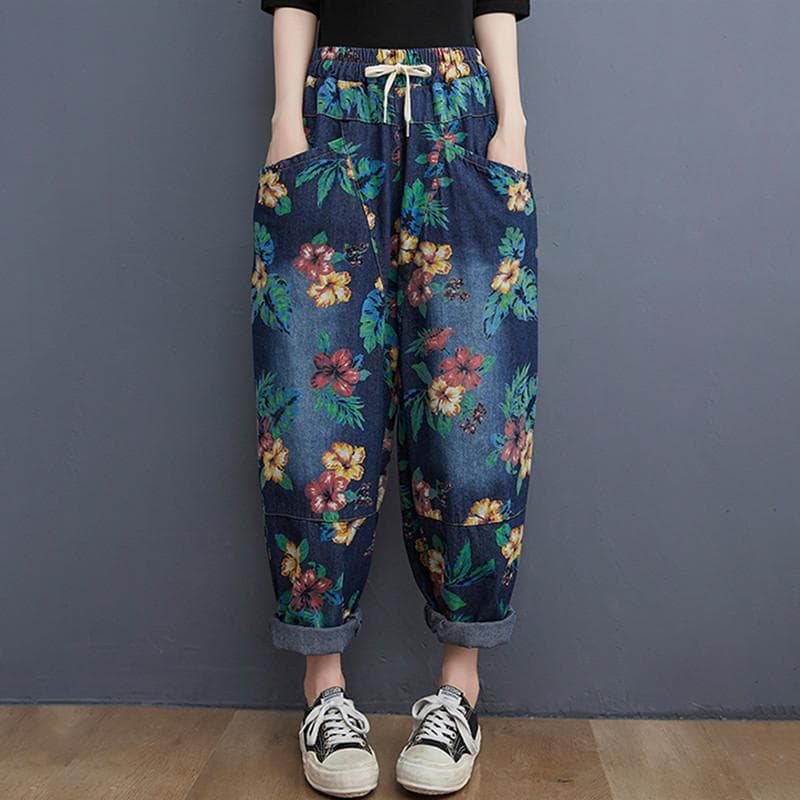 plus size Vintage kvetinový vysoký pás ležérne voľné Ženy jar leto jeseň džínsy denim široké nohavice Nohavice cm čierna