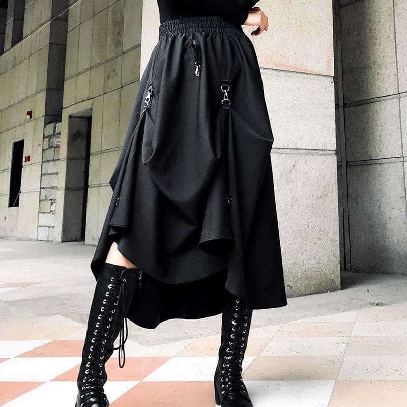 Sukne v štýle Harajuku Punk Vysoký pás Splietacia spona Nepravidelná gotická sukňa Čierna Streetwear Voľne nastaviteľná gotická sukňa cm