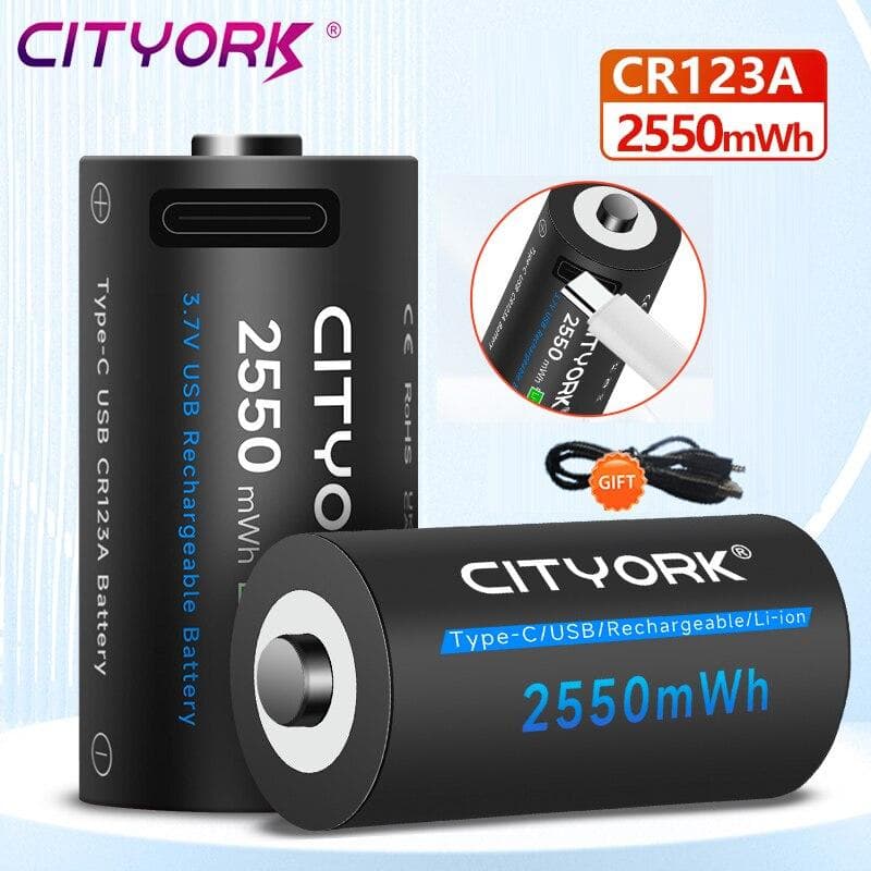3,7V batéria CR123A 2550mWh 16340 dobíjacie lítium-iónové batérie 100% kapacita pre LED svietidlo Batéria RCR123+kábel USB Type-c
