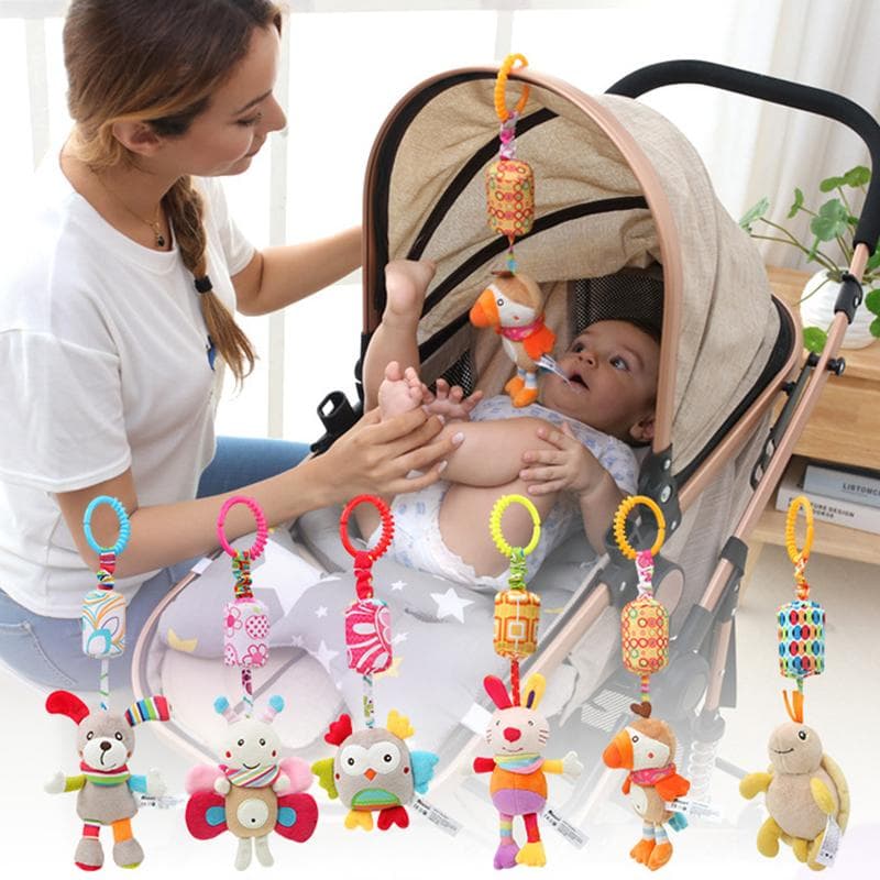 Baby Senzorické závesné hrkálky Mäkká hračka na učenie Plyšové zvieratká Kočík Detská postieľka do auta Postieľka s hryzátkom pre