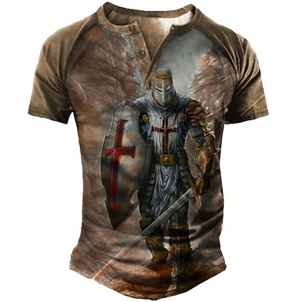 Oversized tričko pre mužov Vintage 3D potlač Oblečenie Templári Knight Henley Tričká Gotický výstrih do V Tričko s krátkym rukávom Jar