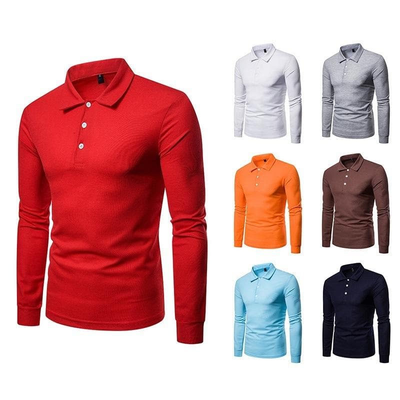 Jeseň Zima Pánske Polo tričko Móda Jednofarebné Polo Neck Slim Fit Ležérne tričko s dlhým rukávom cm biela