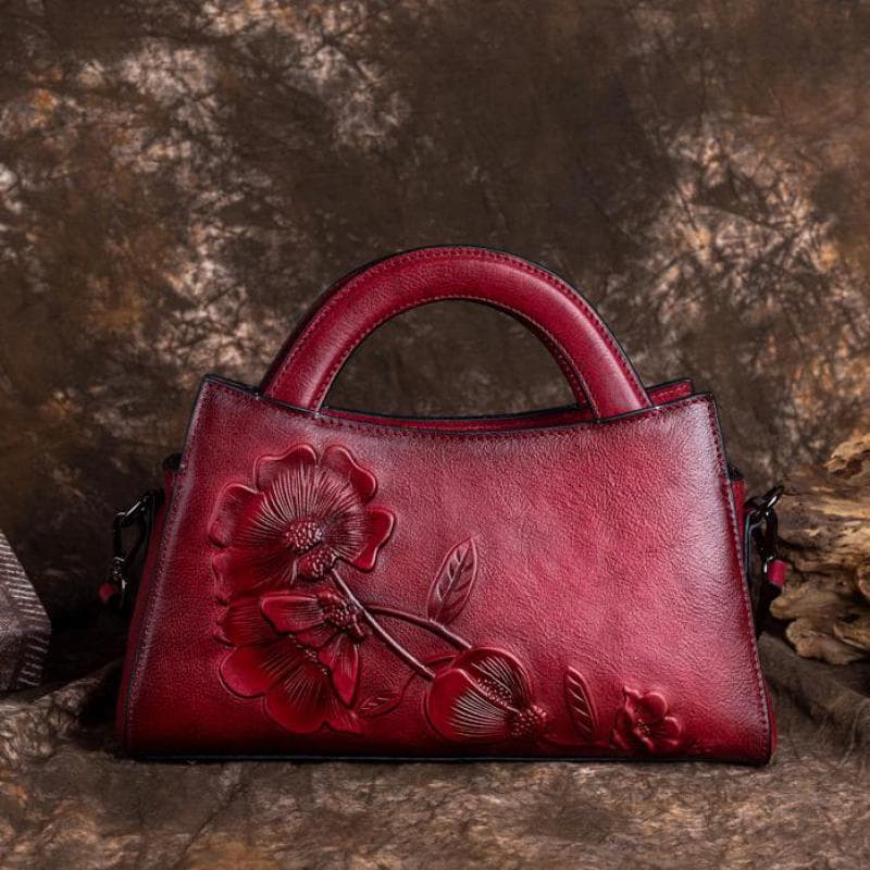 Johnature Vintage Women Bag Luxusná kabelka z pravej kože Prírodná hovädzia koža Všestranné embosované tašky cez rameno červená
