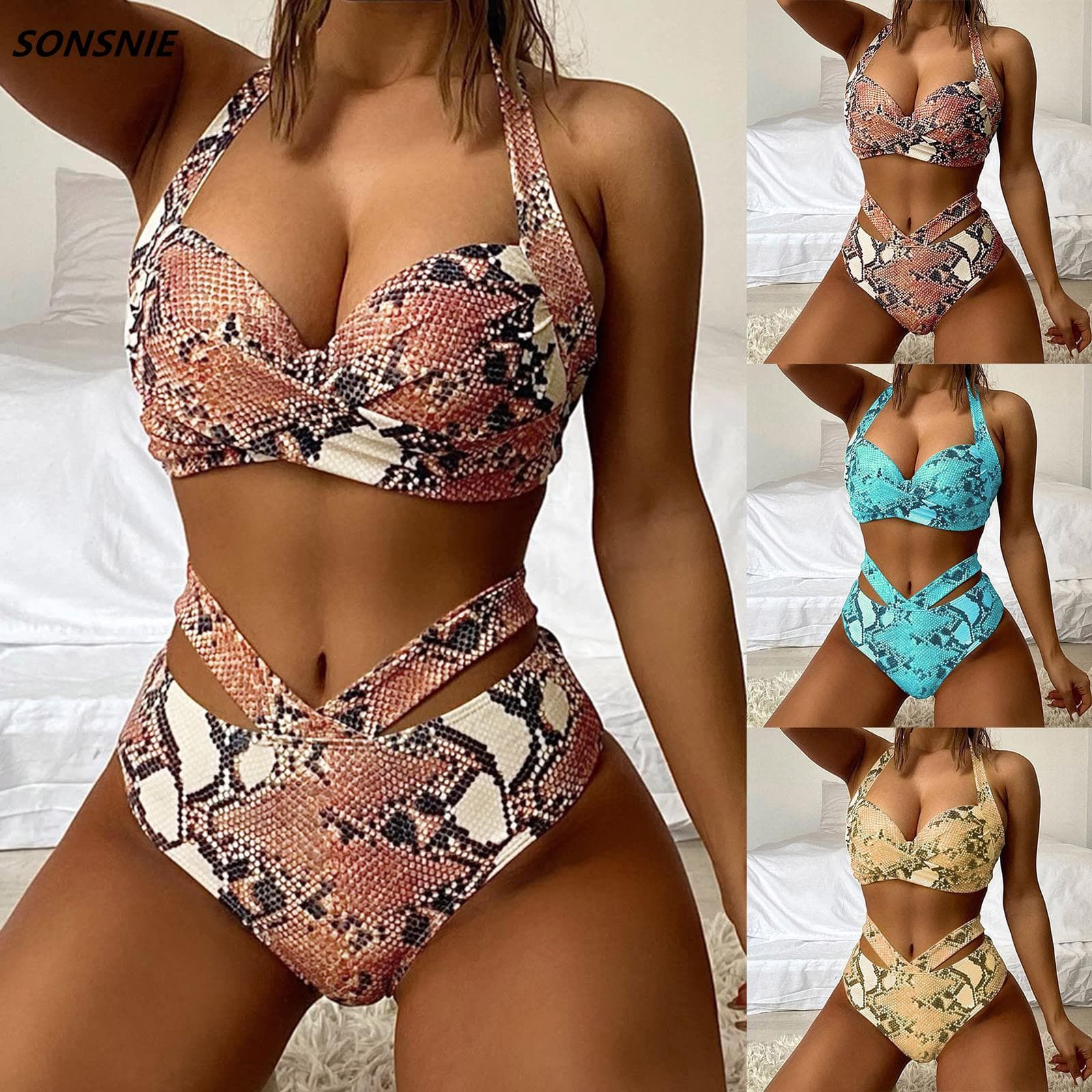 Sexy snake Skin Bikini Halter Ruched Wrap Predný Cross Vysoký Pás Plavky Plavky Dámske Dvojdielne Bikiny Súprava Plavky cm