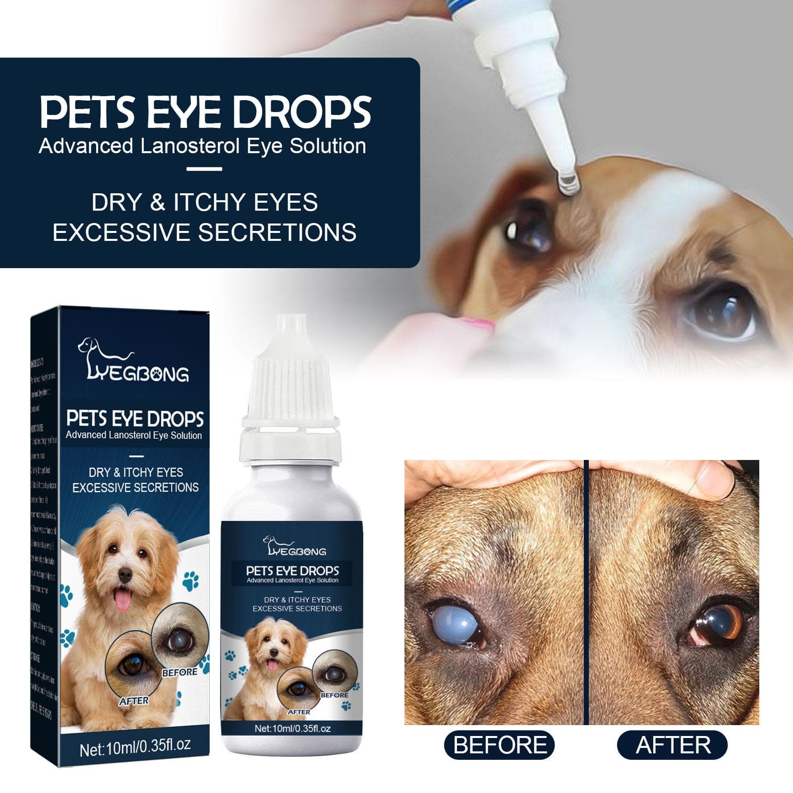 Yegbong Pet Eye Drops, odstraňuje slzné škvrny pre mačky a psy, čistí oči, zmierňuje svrbenie očí, očné kvapky 10ml/škatuľka