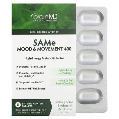 BrainMD, SAMe, Nálada a pohyb 400, 400 mg, 30 enterosolventných tabliet