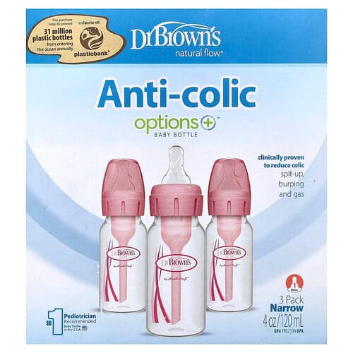 Dr. Brown's, Natural Flow®, Dojčenská fľaša Anti-colic Options+™, 0 mesiacov +, balenie 3 kusov, každá po 120 ml