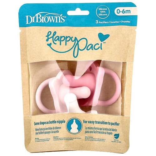 Dr. Brown's, Cumlík HappyPaci™, 0-6 mesiacov, ružový, svetloružový a biely, 3 kusy