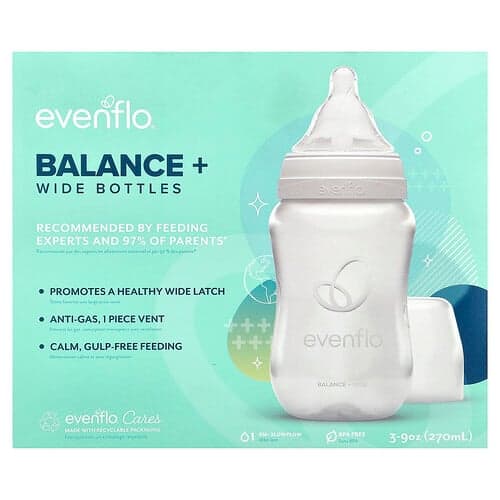 Evenflo Feeding, Fľaše Balance+, široké, 0+ mesiacov, pomalý prietok, 3 fľaše, každá s objemom 270 ml