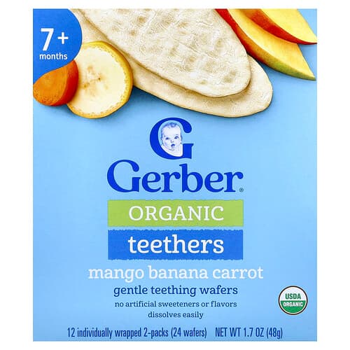 Gerber, Organické hryzátka, Jemné oblátky na prerezávanie zúbkov, 7+ mesiacov, mango, banán, mrkva, 12 jednotlivo balených 2 balení, každé