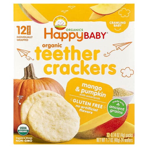 Happy Family Organics, Happy Baby®, Bio hryzátka, mango a tekvica s amarantom, 12 balení, každé po 4 g