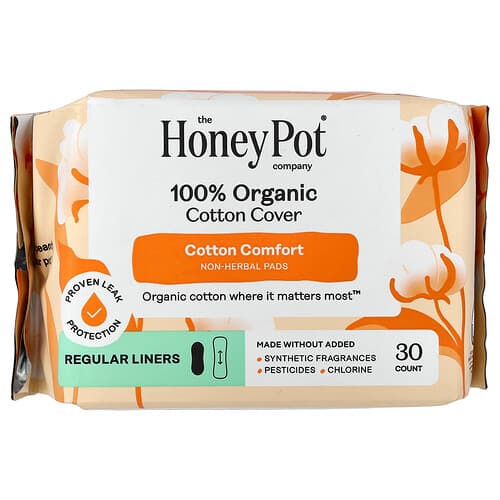 The Honey Pot Company, 100% organický bavlnený poťah, nebylinkové vložky, bežné, 30 kusov
