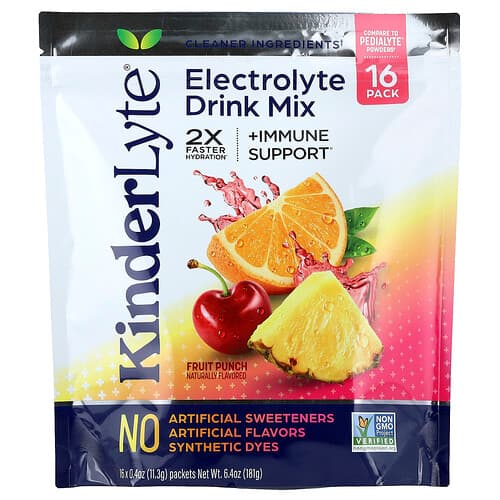 KinderFarms, KinderLyte®, elektrolytický nápojový mix, pre deti a dospelých, ovocný punč, 16 vrecúšok, každé po 11,3 g
