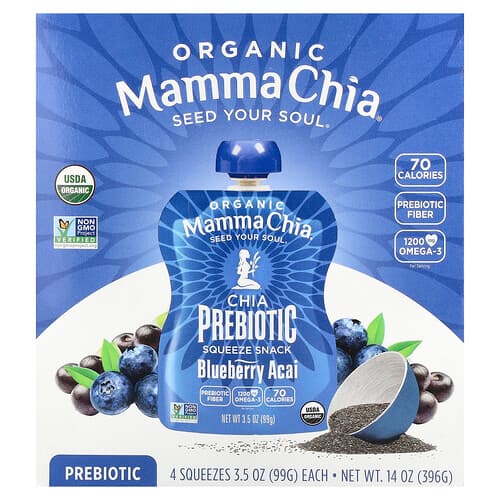 Mamma Chia, Organické prebiotické chia squeeze snack, čučoriedkové acai, 4 squeeze, 99 g (3,5 oz) každé