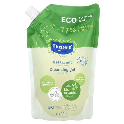 Mustela, Náhradná náplň Eco Recharge, Rodinný, Čistiaci gél, Vlasy a telo, Bez vône, 400 ml