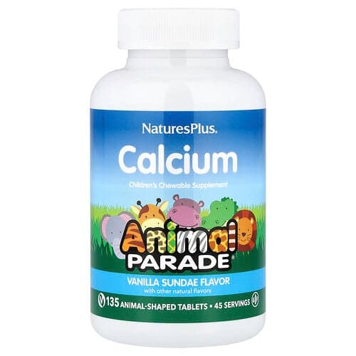 NaturesPlus, Animal Parade®, Vápnik, žuvací doplnok pre deti, vanilkový pohár, 135 tabliet v tvare zvieratiek