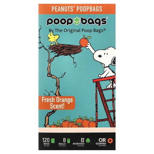 Original Poop Bags, Peanuts®, pomarančové, 8 roliek, 15 vrecúšok