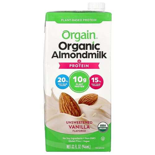 Orgain, Organické mandľové mlieko s bielkovinami, rastlinného pôvodu, nesladená vanilka, 946 ml