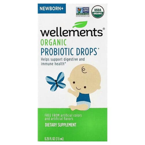 Wellements, Organické probiotické kvapky, novorodenci+, 7,5 ml