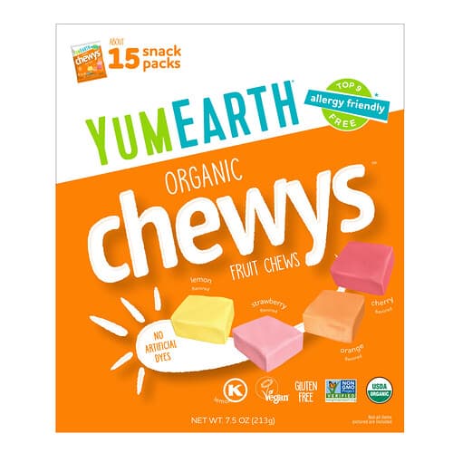 YumEarth, Organické žuvacie cukríky Chewys™, ovocné, 15 balíčkov s pochutinami, každé po 14 g