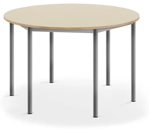 Stôl BORŠS, okrúhly, Ø1200x720 mm, laminát - breza, strieborná