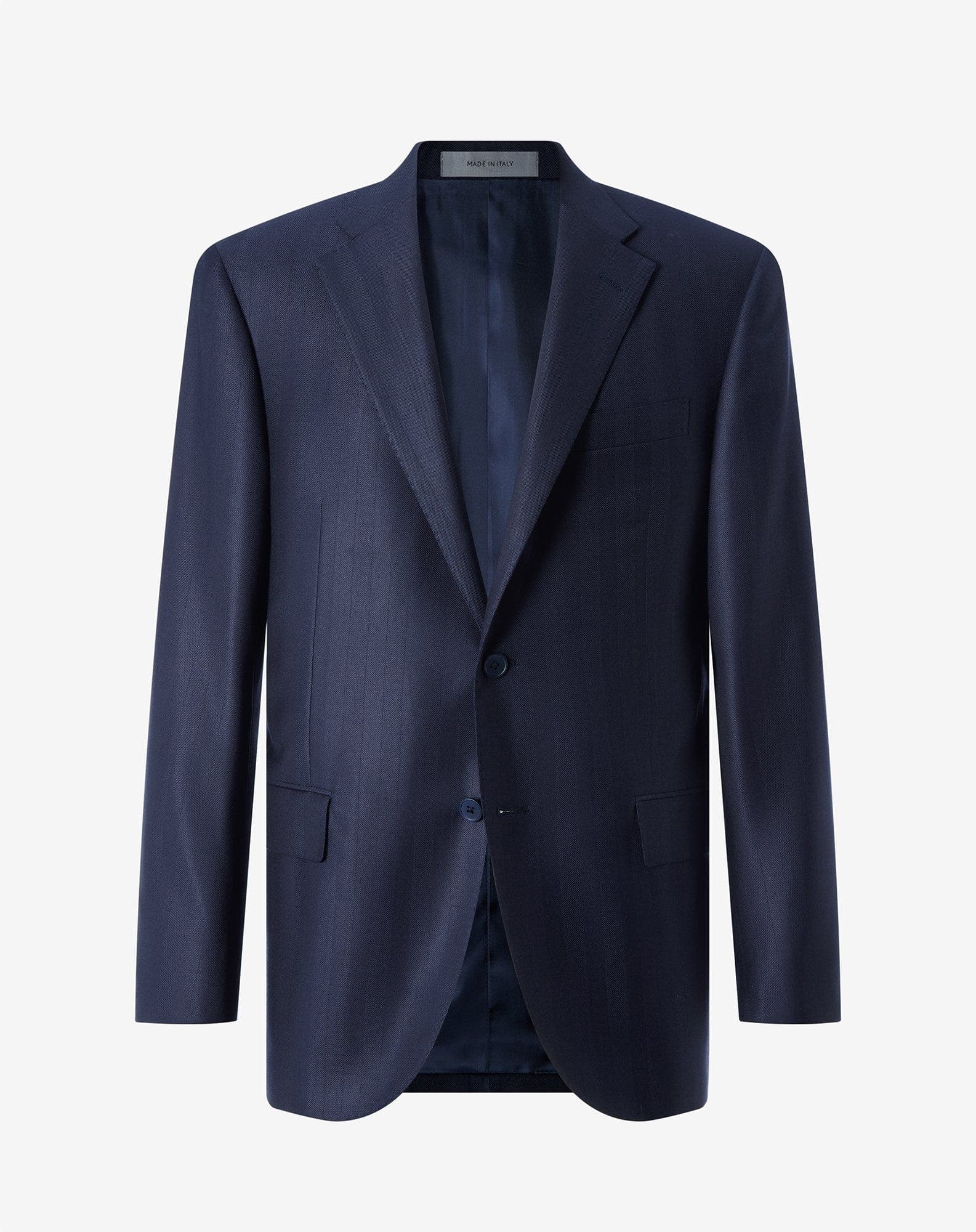 Navy blue wool and silk jacket with herringbone pattern