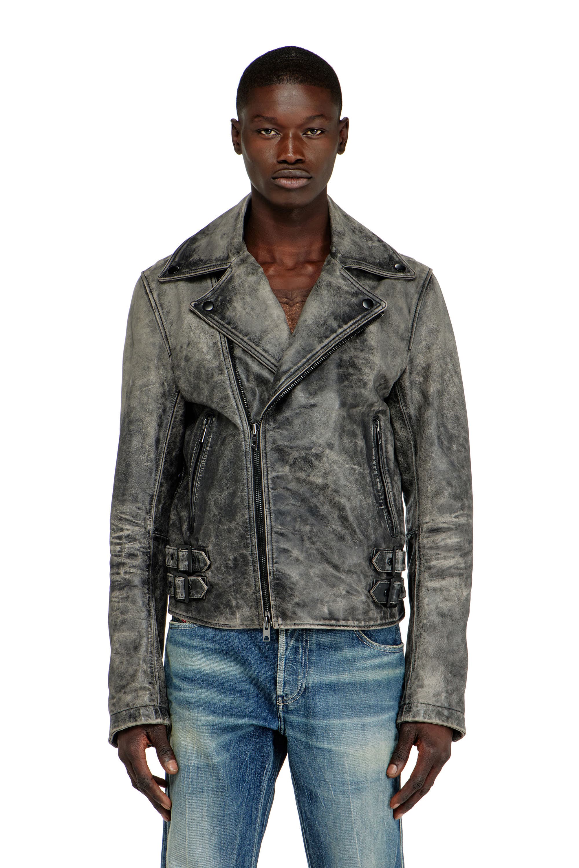 Diesel - Biker jacket in treated leather - Leather jackets - Man - Grey