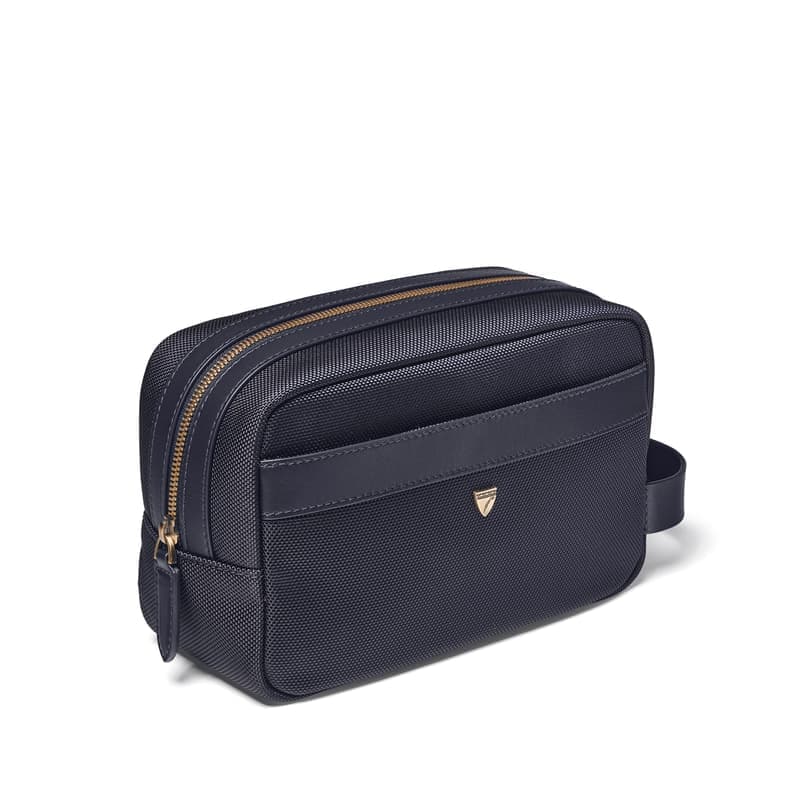 Aspinal of London Men's Wash Bag in Navy Nylon Canvas with Leather Trim