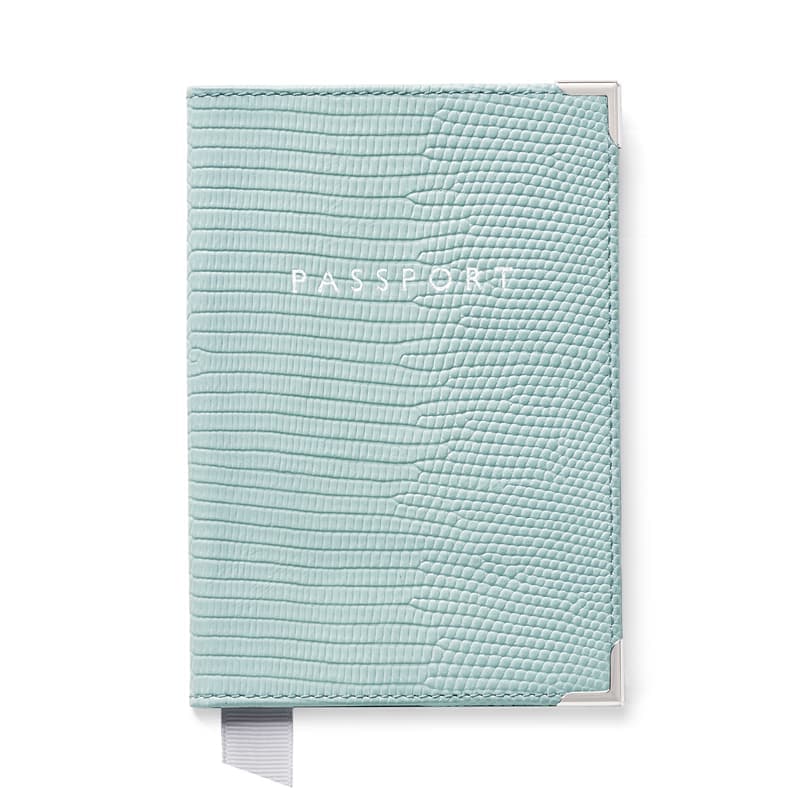 Aspinal of London Passport Cover in Pool Blue Lizard