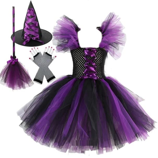 Dievčenské kostým čarodejnice s klobúkom a doplnky Halloweensky kostým Čarodejnícky kostým pre dievčatá Kostým na karneval fialová 10