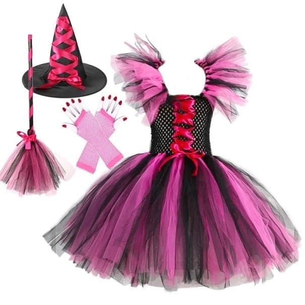 Dievčenské kostým čarodejnice s klobúkom a doplnky Halloweensky kostým Čarodejnícky kostým pre dievčatá Kostým na karneval ružová 4