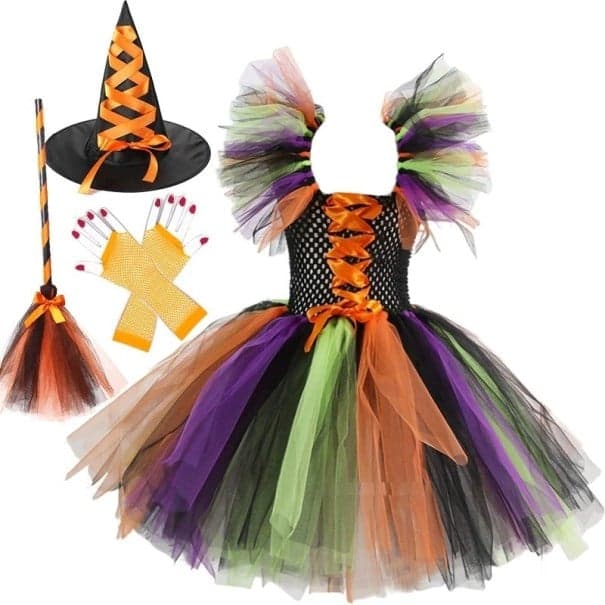 Dievčenské kostým čarodejnice s klobúkom a doplnky Halloweensky kostým Čarodejnícky kostým pre dievčatá Kostým na karneval viacfarebná 2