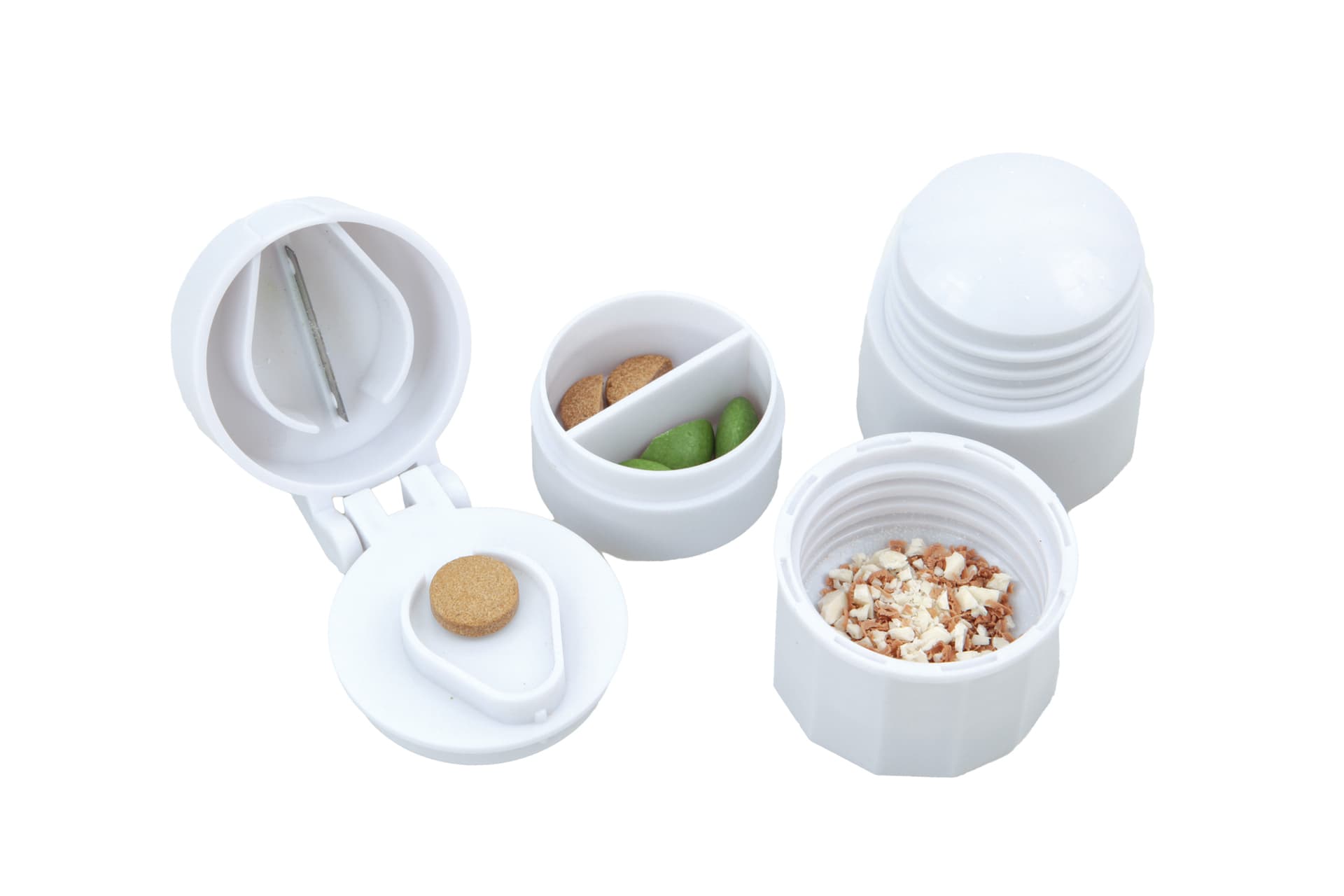 LÉKOVNÍK | drtič a půlič léků 4v1 | se zásobníkem a kelímkem | praktická pomůcka na tablety pr. 4 cm, v. 6,5 cm