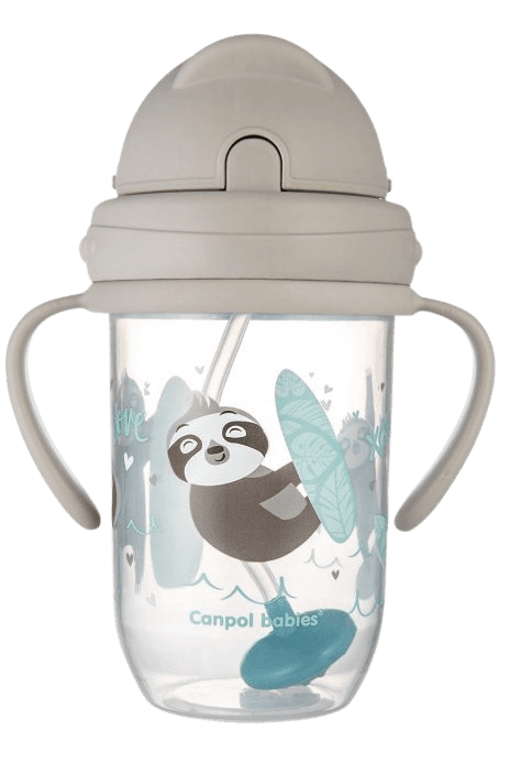 CANPOL BABIES Exotic Animals nevylievací hrnček so slamkou a závažím sivý 270 ml