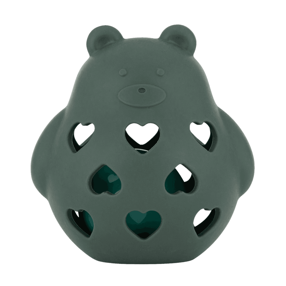 PETITE&MARS Hračka silikónová s hrkálkou Bear Basil Misty Green 0m+