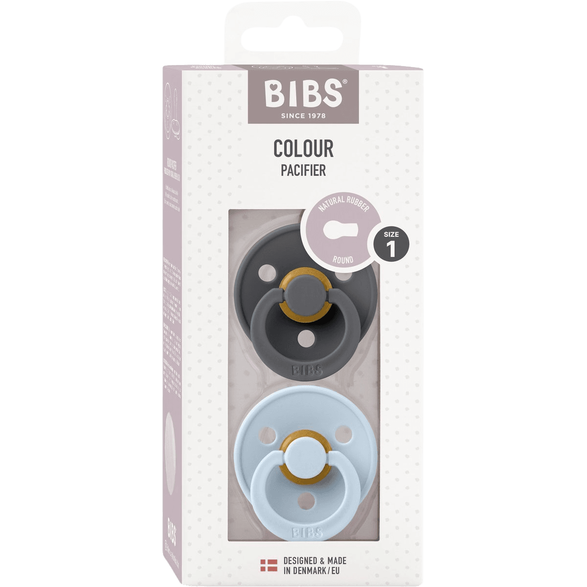 BIBS Colour Cumlíky z prírodného kaučuku - veľkosť 1 Iron/Baby Blue, 2 ks