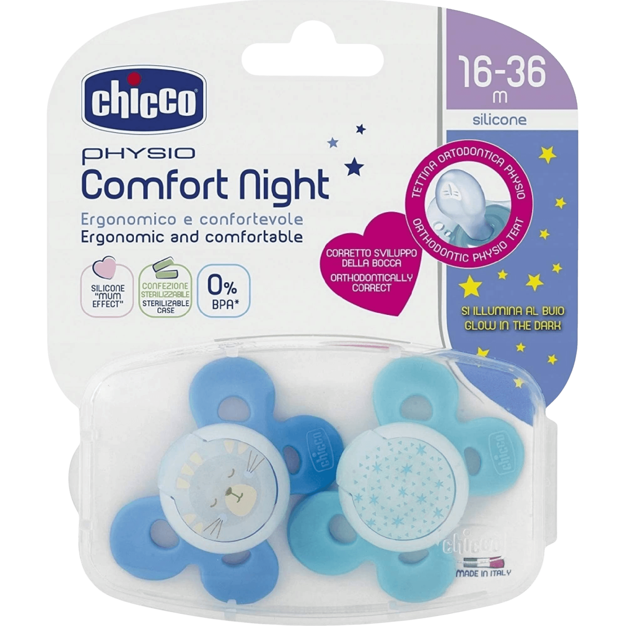 CHICCO Cumlík Physio Comfort silikón nočný chlapec mačka/hviezdy, 16-36m+ 2 ks