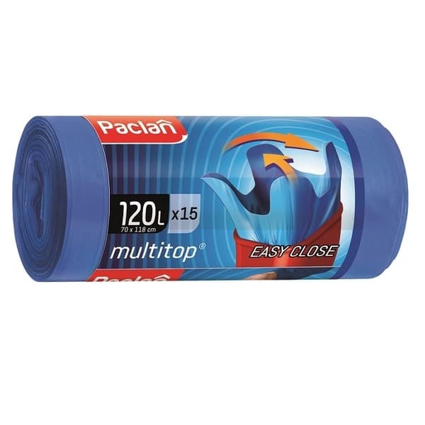 PACLAN Vrecia na odpad MULTITOP pevné, 4 uväzovacie rohy, 120L - 15ks, 25µ, LDPE